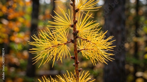 Canadian boreal tamarack larch needles turning gold in October, fine detail.
