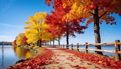 autumn, foliage, landscape, lake, fall foliage along lakeside path, colorful maple trees, wooden fence, vibrant red yellow leaves, calm water reflection, sunny fall background