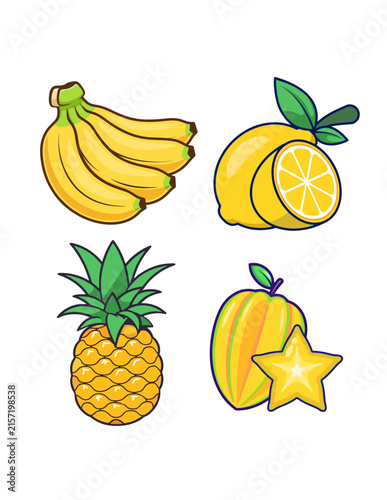 yellow Fruit Collection – Apple, Grapes, Lime and Pear Cartoon Vector Illustrations