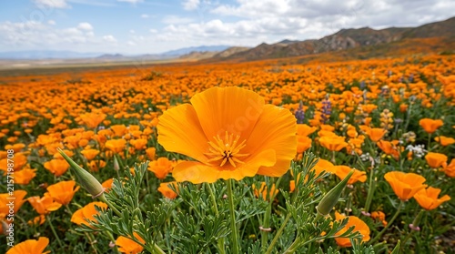 California poppy field - Antelope Valley super bloom orange field to horizon, Professional Editorial Nature Photograph.