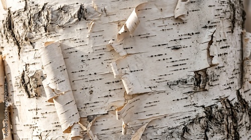 White birch bark peeling in layers - papery white with black eye marks texture, Professional Editorial Nature Photograph.