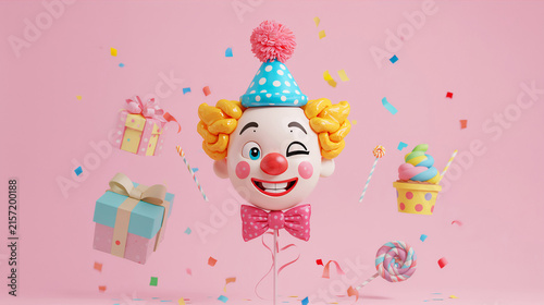 3D Render of a Cute Winking Clown Head with Presents and Candy for a Birthday Party Celebration on a Pink Background