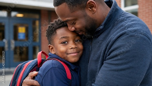 Black Father Hugging Son Goodbye at School Entrance on First Day of Elementary School
