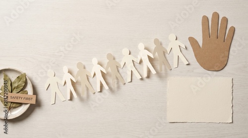 Paper cutout people chain with safety first plate and hand on wooden background concept