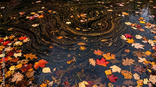 Autumn leaf tannins in still pond - abstract black tannin swirls in water.