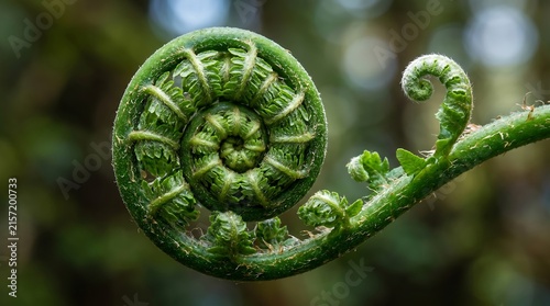 Pacific Northwest fern frond unfurling - fibonacci spiral fiddle head macro.
