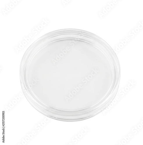 Foto Clear plastic petri dish with a white agar medium for scientific research