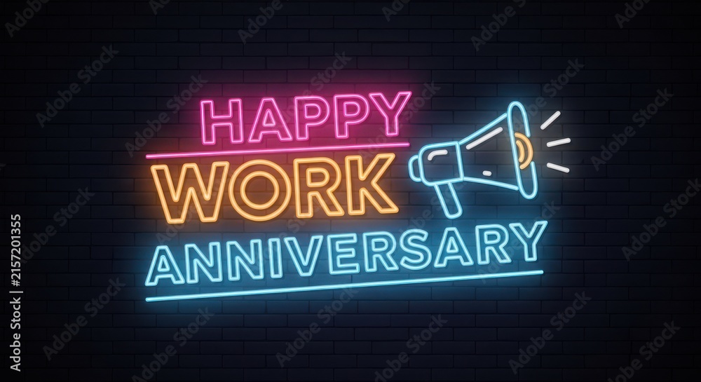 Naklejka premium Happy work anniversary neon sign with megaphone