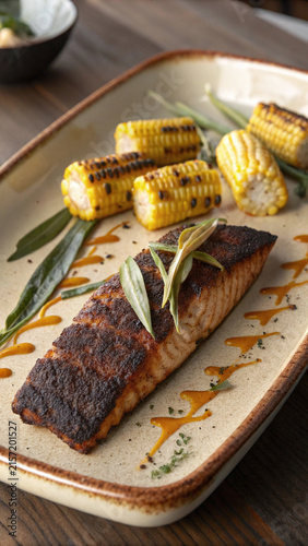Editorial vertical blackened cod with roasted corn succotash charred scallions lemon butter and Southern inspired elegance