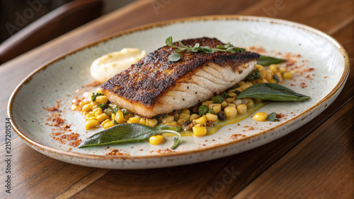 Photorealistic Southern style blackened cod on artisan plate with corn succotash lemon butter warm dining atmosphere