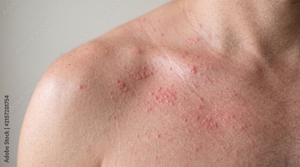 Fototapeta premium Close up of red heat rash and allergic bumps on male shoulder