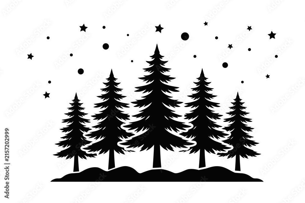 Obraz premium Pine tree forest under starry night sky vector illustration isolated on white background. Winter pine forest landscape silhouette, spruce trees, and snow stars pattern.