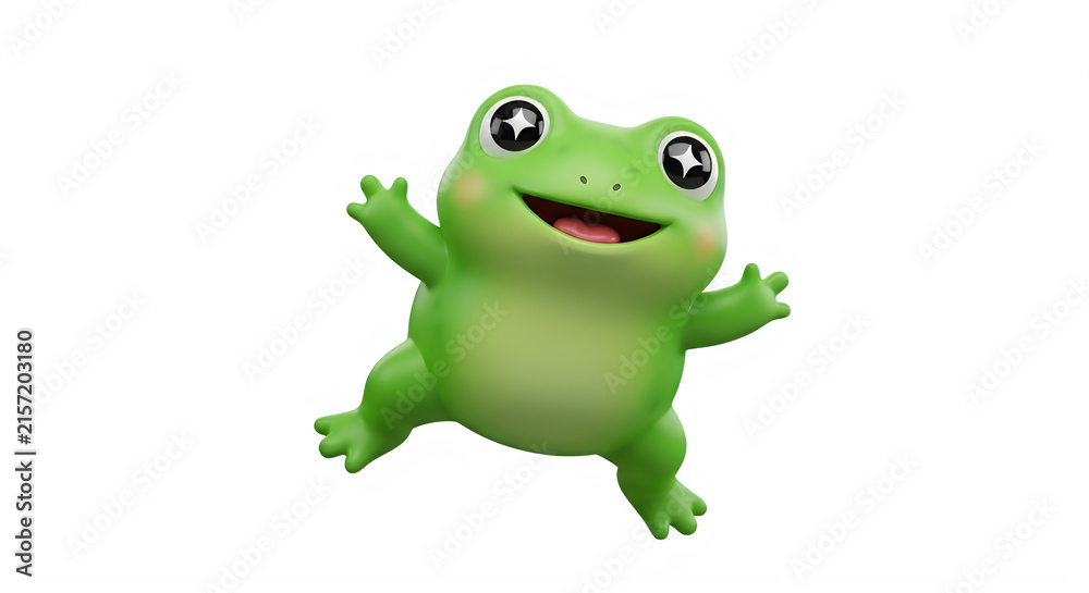 Fototapeta premium Happy green cartoon frog jumping cheerfully isolated on transparent background