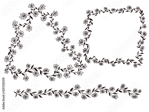 Set of black floral frames. Hand-drawn vector borders: triangle, square and a straight line made of curly vines and flowers