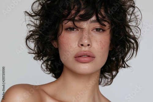 Intimate head-and-shoulders portrait of a young woman with freckles, warm brown makeup, and a stylish short hairstyle