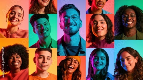 Collage of Diverse Young People Smiling on a Neon Multicolor Background