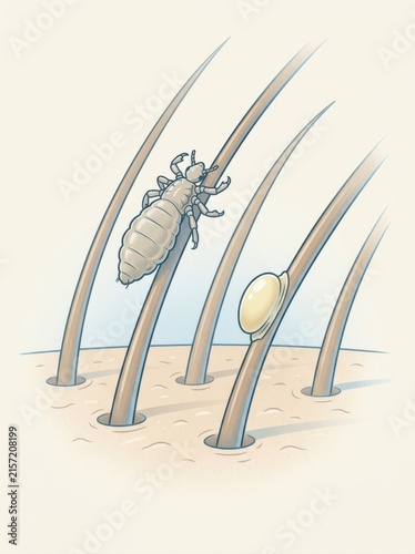Medical illustration of a head louse and nit attached to hair strands on the scalp. Educational diagram of human pediculosis infestation