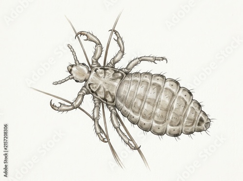 Scientific illustration of a head louse on hair strands. Detailed anatomical drawing of pediculus humanus capitis parasite. Biology and medical education concept