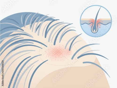 Medical illustration of scalp irritation and hair follicle inflammation. Cross section diagram of inflamed hair root and sensitive skin. Dermatology concept
