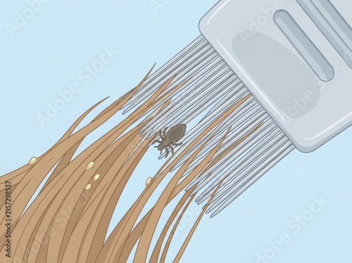 Vector illustration of a metal comb removing a head louse and nits from hair. Lice treatment and removal concept