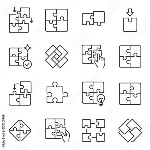 Jigsaw puzzle line icons for business strategy and teamwork.