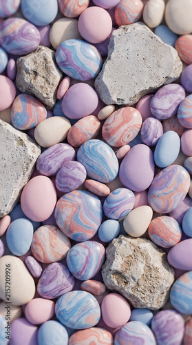 Top view of smooth pastel colored candy pebbles and stones, marble pattern sweets background for food and dessert design.