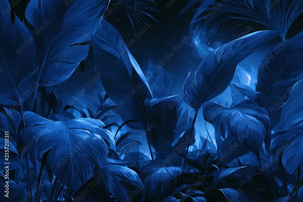 Obraz premium Azure tropical foliage against a cosmic gradient â€” digital art background scene