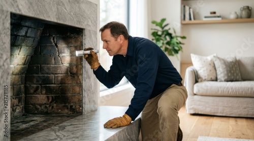 Fireplace specialist inspects cracked firebox with flashlight in modern living room, highlighting home safety and maintenance