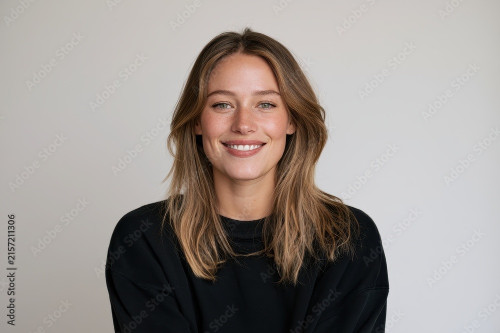 Obraz premium Joyful female portrait in a minimal studio setting with a warm, confident expression