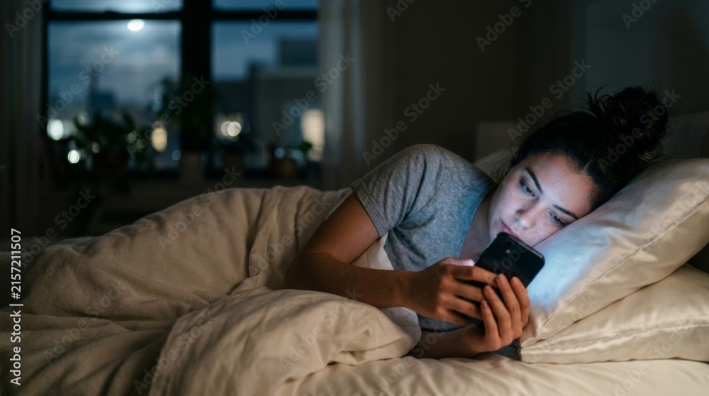 Fototapeta premium Woman using smartphone in bed at night, illuminated by screen light, urban window view