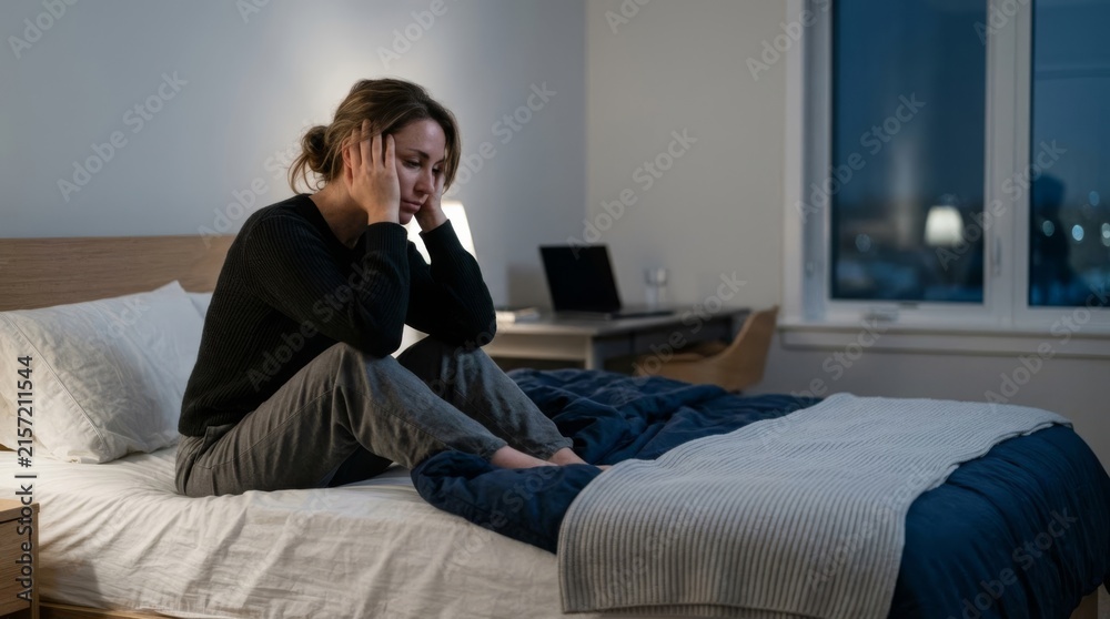 Fototapeta premium Woman with hands on head sitting on bed edge in dark bedroom, experiencing sleeplessness at night