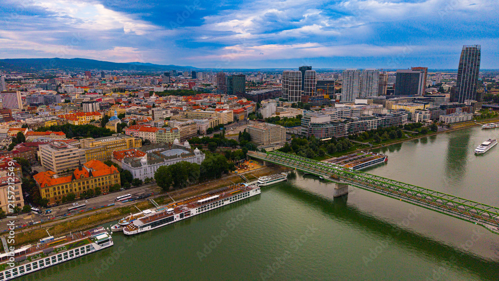 Fototapeta premium City skyline view with river and bridge. Modern buildings line the riverbank with boats docked. A bridge connects both sides of the city under a cloudy sky.