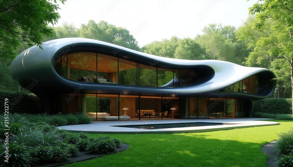 Fototapeta premium Curvy modern house with glass walls sits in green nature. Unique futuristic architecture features sleek lines and organic form. Luxury residence blends with trees and plants, featuring a pool.
