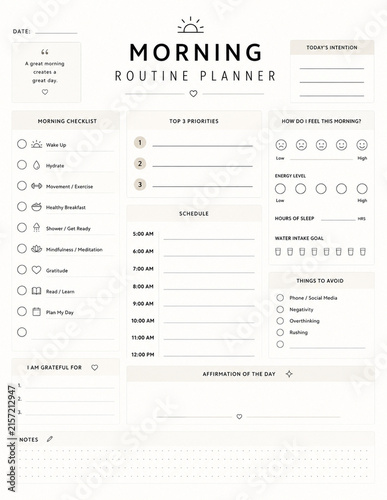Morning Routine Planner Page Printable Template Layout