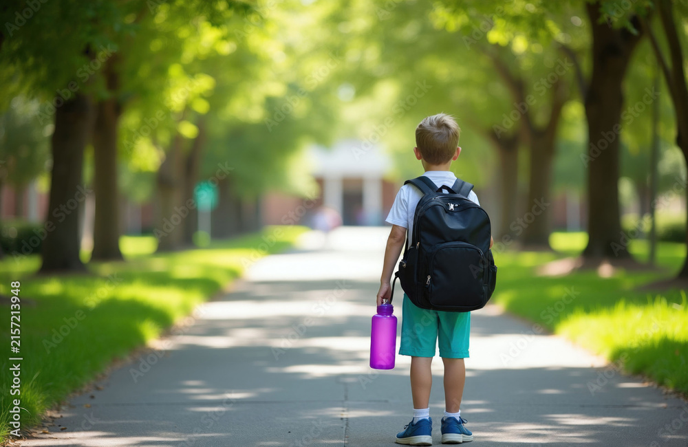 Fototapeta premium Small boy carries black backpack on back walking to school building. Elementary student holds purple water bottle in hand on sunny park path. First grade child starts education year outdoors. Young
