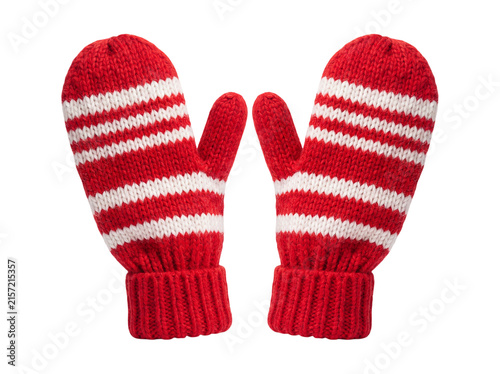 Fotografie Red knitted mittens with white stripes on transparent background