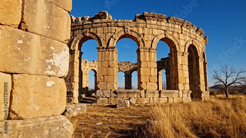 Ancient stone ruins in golden grass under clear sky.