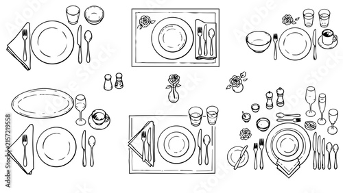 Doodle set of table settings, hand drawn vector icons, black line art illustration for dining and restaurant concept.