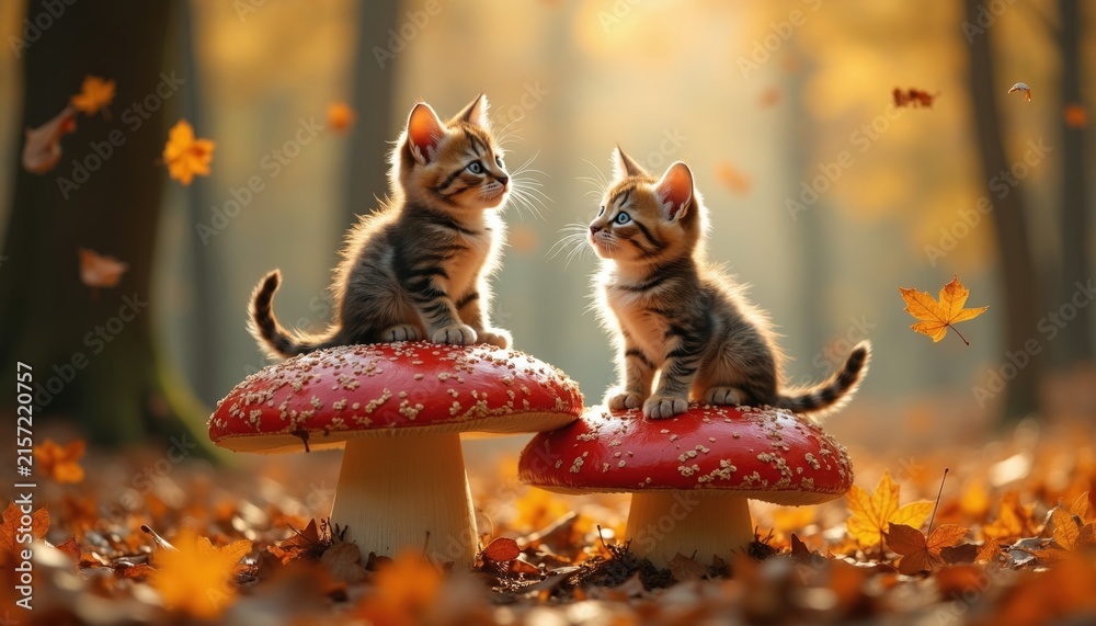Fototapeta premium Two tabby kittens sit on large red mushrooms in a forest. Autumn leaves fall around them. The small cats look at each other. Sunlight filters through trees. Forest floor has many brown leaves.