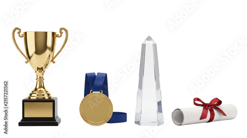 Cuadro en lienzo Achievement awards set with trophy cup, gold medal, crystal award, and diploma s