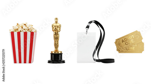 Konstfotografi Cinema entertainment set with popcorn, trophy award, press badge, and tickets