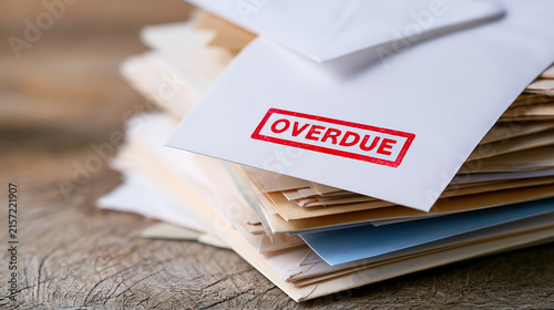 Stack of overdue envelopes and paper documents on a rustic wooden table, symbolizing financial burden and forgotten tasks