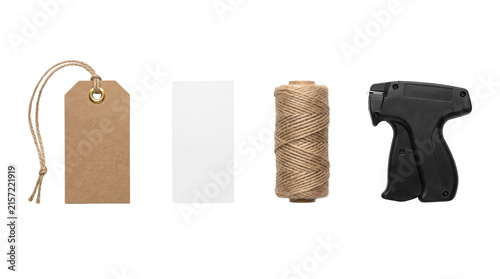 Fotografie Clothing tag set with price label string spool and tagging gun