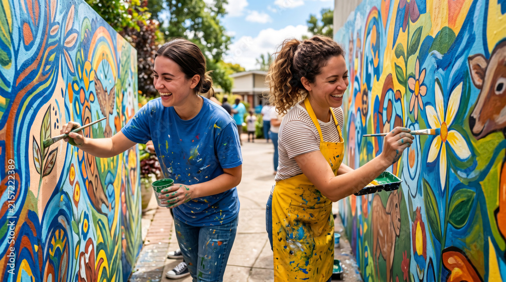 Fototapeta premium Two women happily painting a colorful mural outdoors on a sunny day