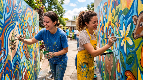 Two women happily painting a colorful mural outdoors on a sunny day