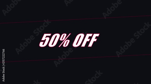 50% off promotional motion with dynamic red lines on dark animation 4k background, for retail sales, and marketing campaigns