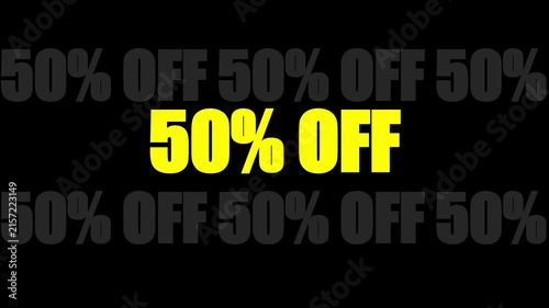 50% off sale promotion animation 4k background, with animated yellow, text and black, backdrop for retail, marketing and e-commerce advertising