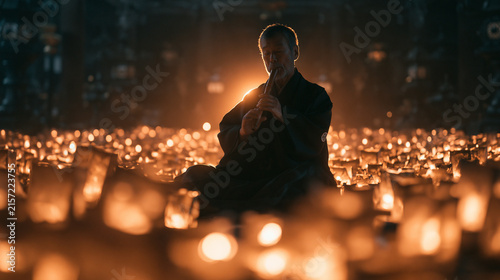 Japanese Musician Playing Shakuhachi Flute Surrounded by Glowing Lanterns