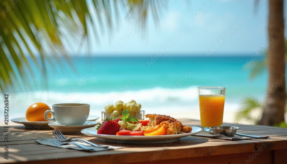 Fototapeta premium Healthy breakfast served on wooden table at tropical beach shore. Plate with fresh fruits, pastries near coffee cup plus orange juice glass. Summer morning meal outdoors with blue ocean view. Luxury