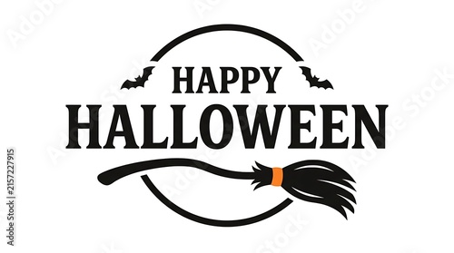 Happy halloween typography with witch broom and bats in a circle